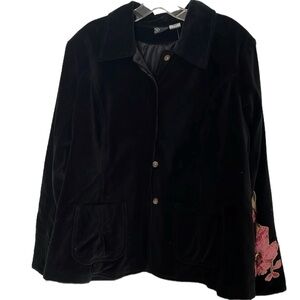 R Black  size 14 black Velveteen jacket pink floral appliqué details lined